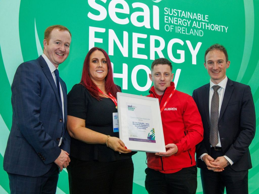 Aubren team pictured being presented with Best Energy Efficient Product Award at SEAI Awards for EC Fan Retrofit Solution